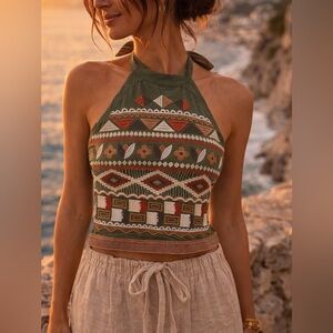 Altar’d State Embroidered Aztec Halter Crop Top Green Size L Boho